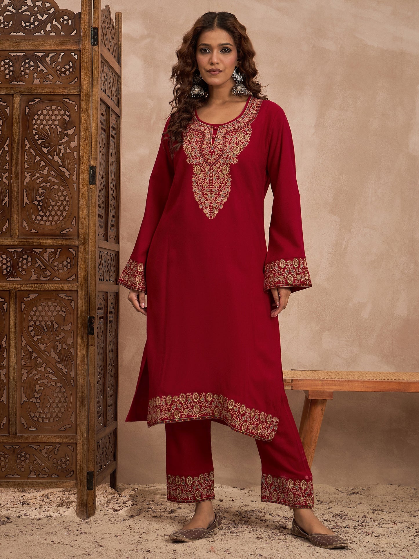 Woolen Embroidered 2-piece winter wear Kurti & Pant Set Red