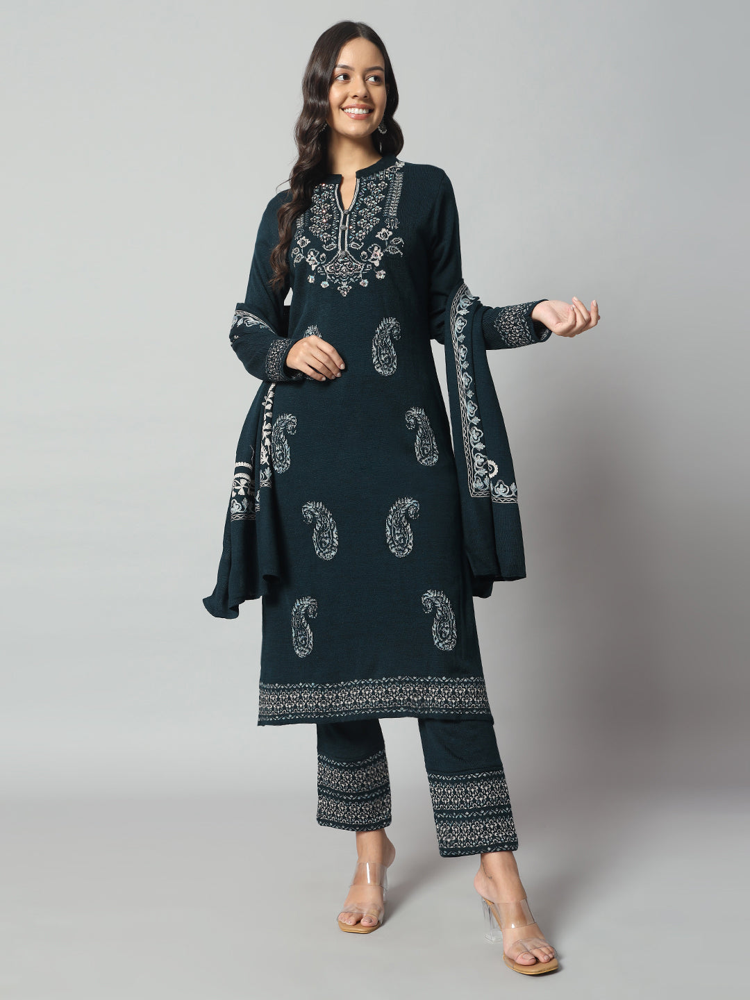 Clapton Pure Wool Winter Wear Embroidered Straight Kurta Pant With Dupatta Set Green
