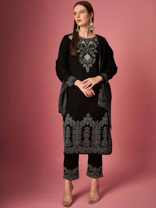 Clapton Embroidered Straight Kurta Pant With Dupatta Set Black