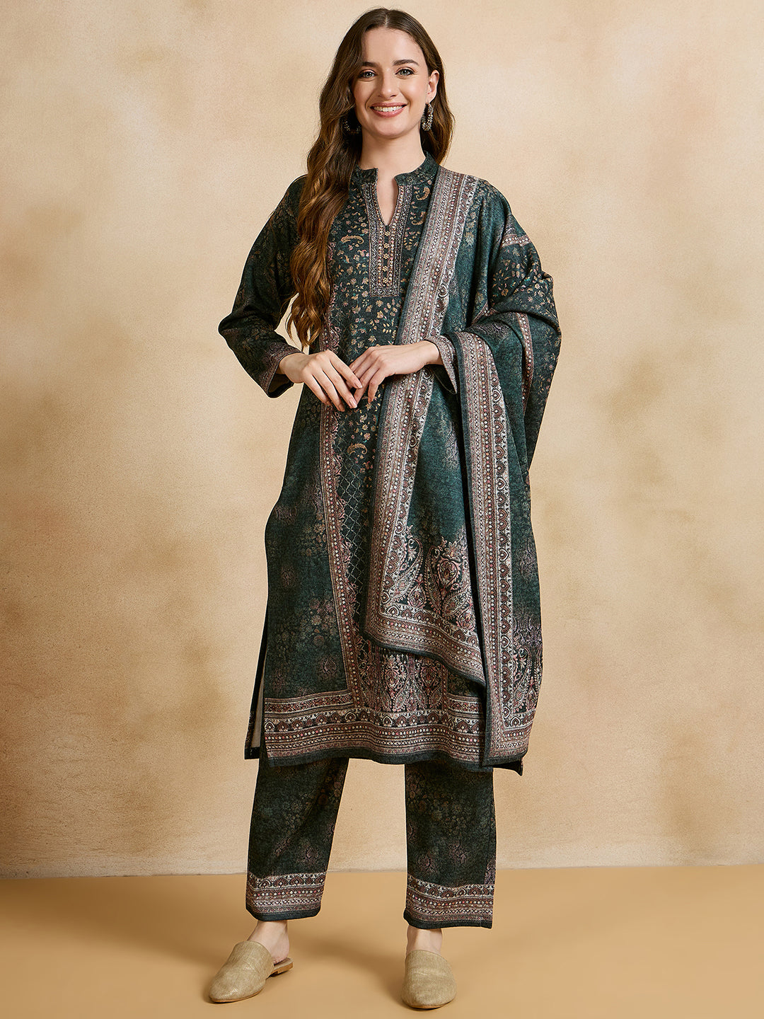 Clapton Printed Work Straight Kurta Pant With Dupatta Set Green