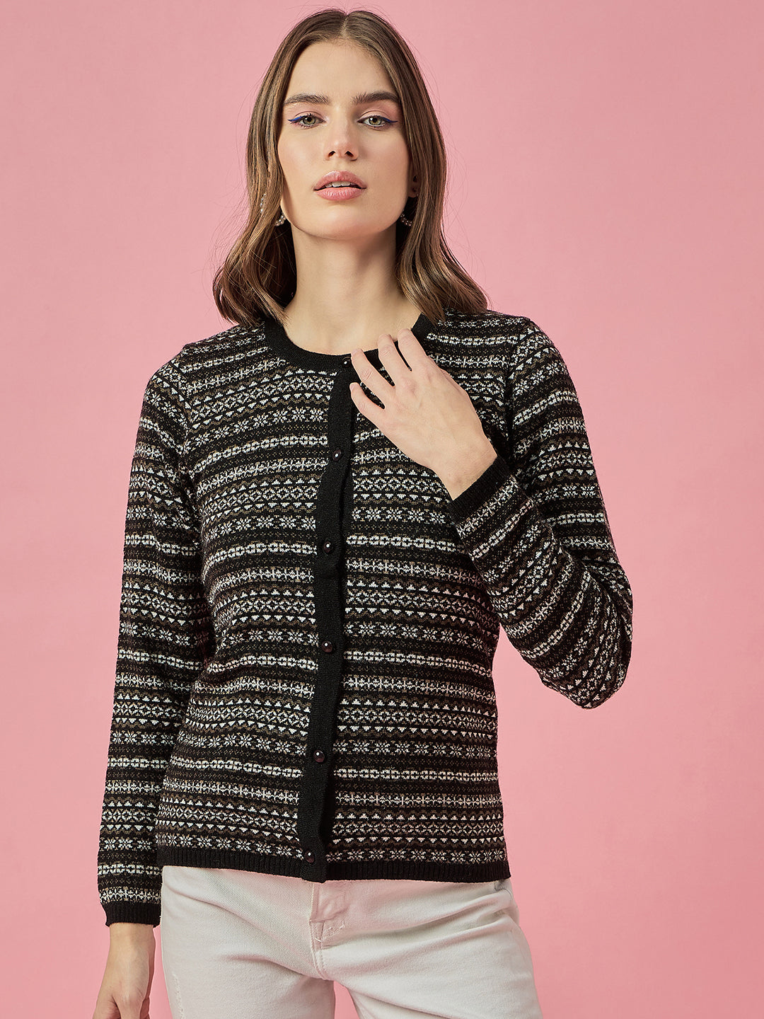 Women Black Self Striped Round Neck Cardigan