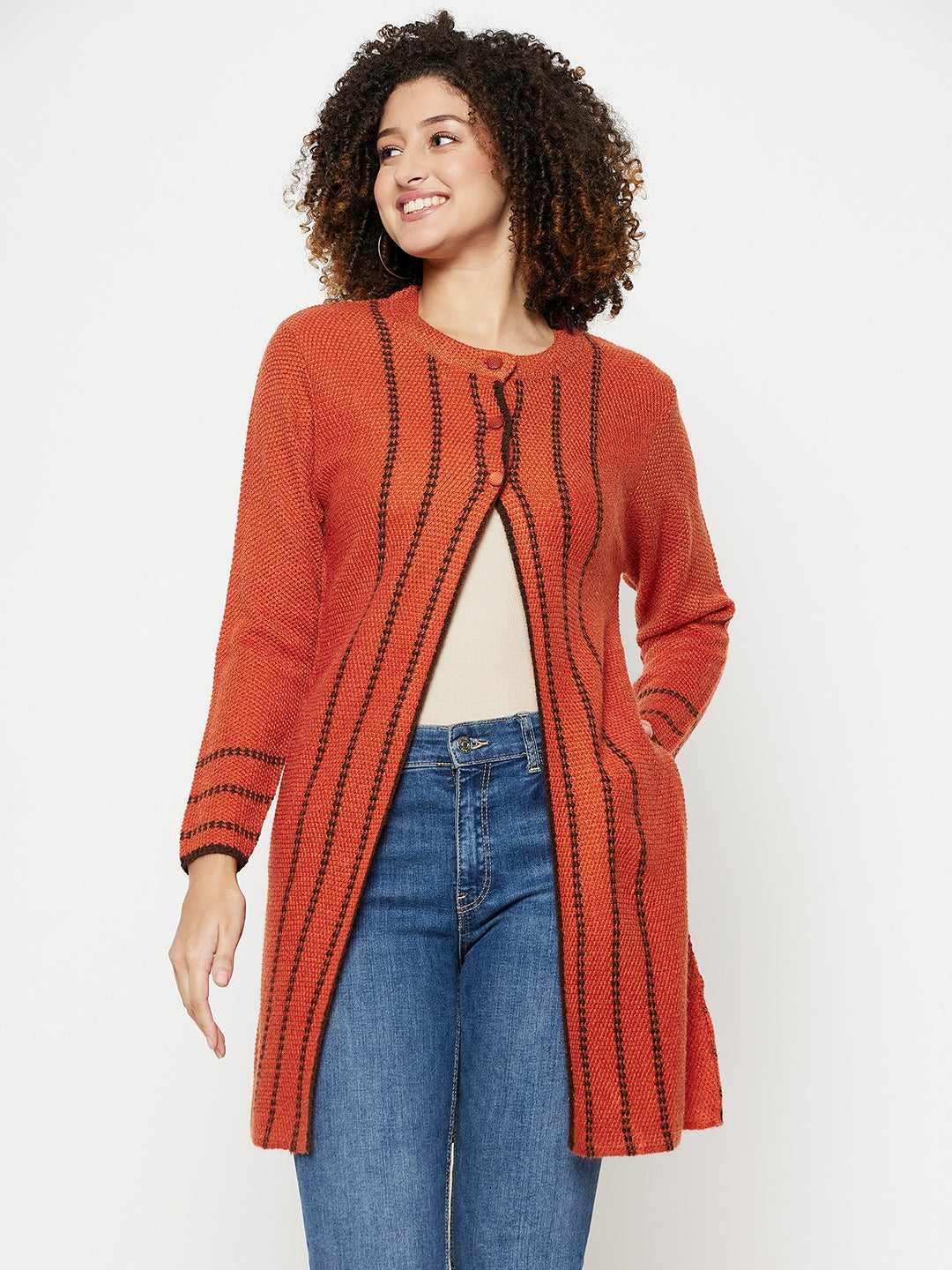 Wool Blend Round Neck Rust Long Shrug
