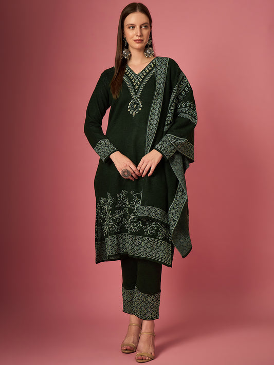 Clapton Embroidered Straight Kurta Pant With Dupatta Set Green