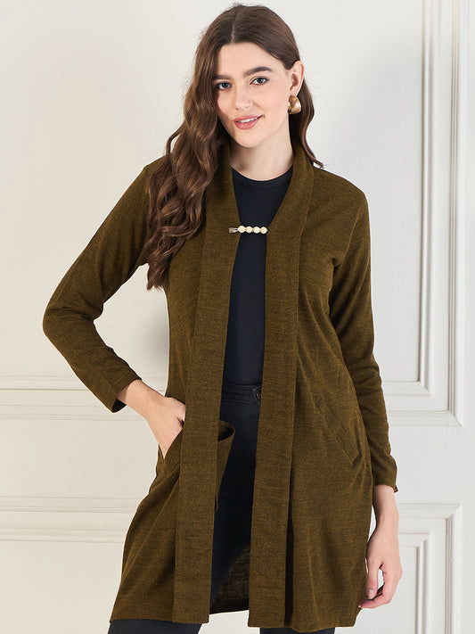 Women's Mehndi open neck long Sleeves, Knitted Winter Wear Shrug