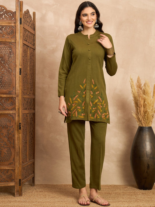 CLAPTON Women’s Green Wool Blend Embroidered Kurti & Pant Set – 2 Piece Winter Wear