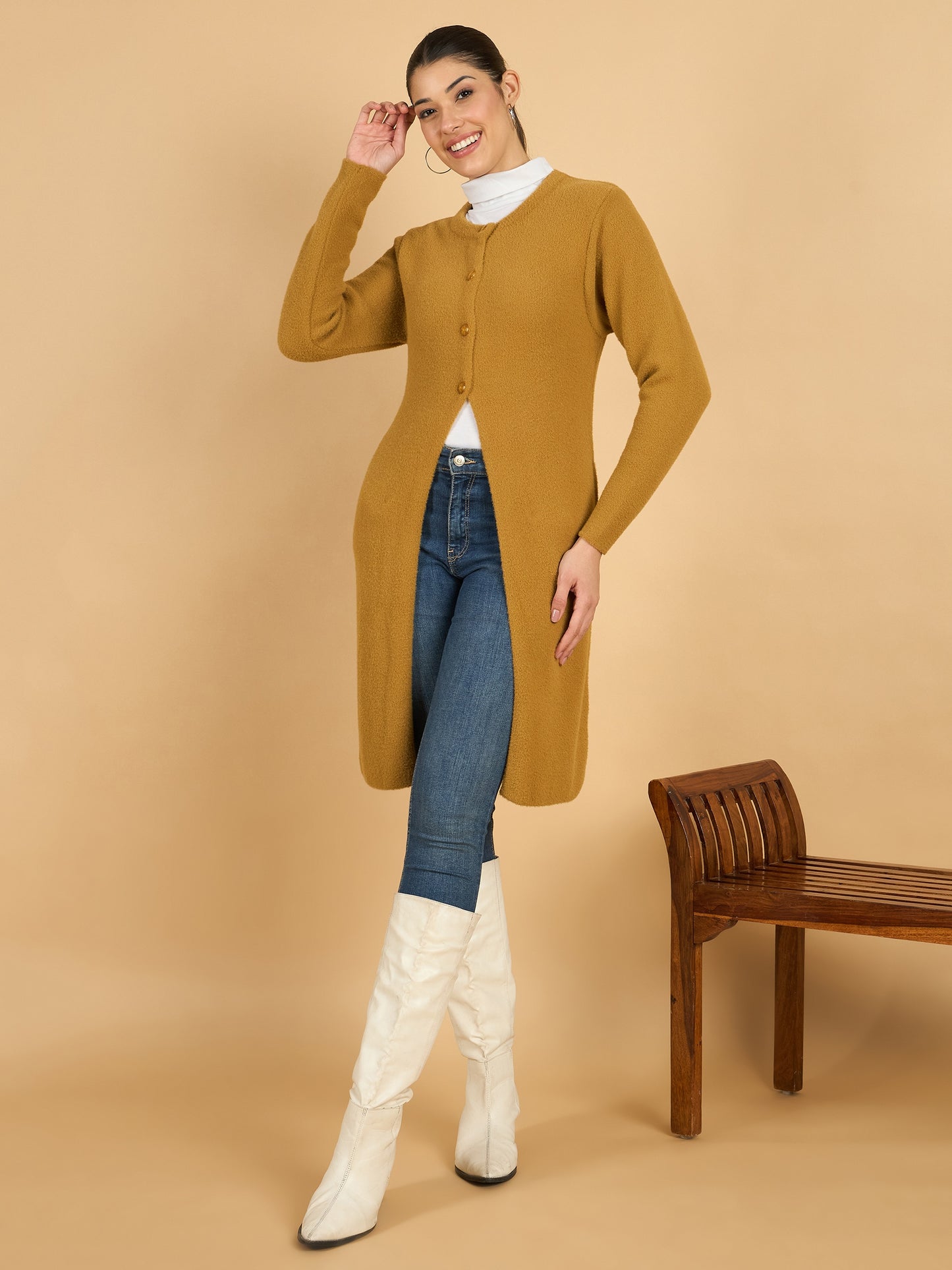 Golden long woolen Cardigan