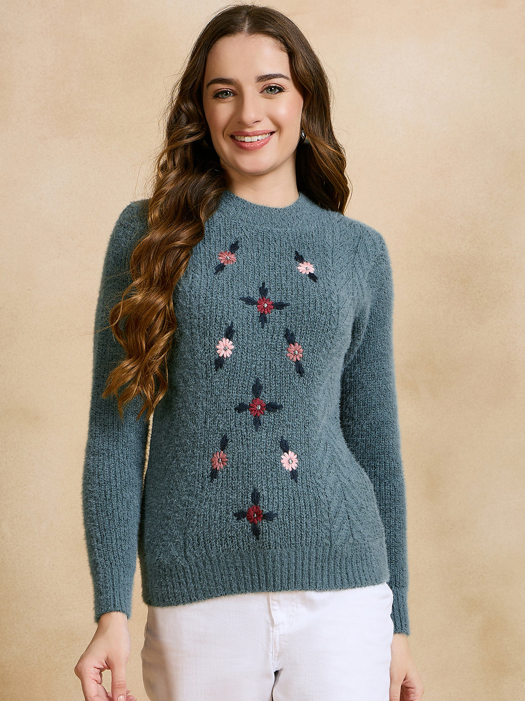 Women Self Design Round Neck Sweater Green