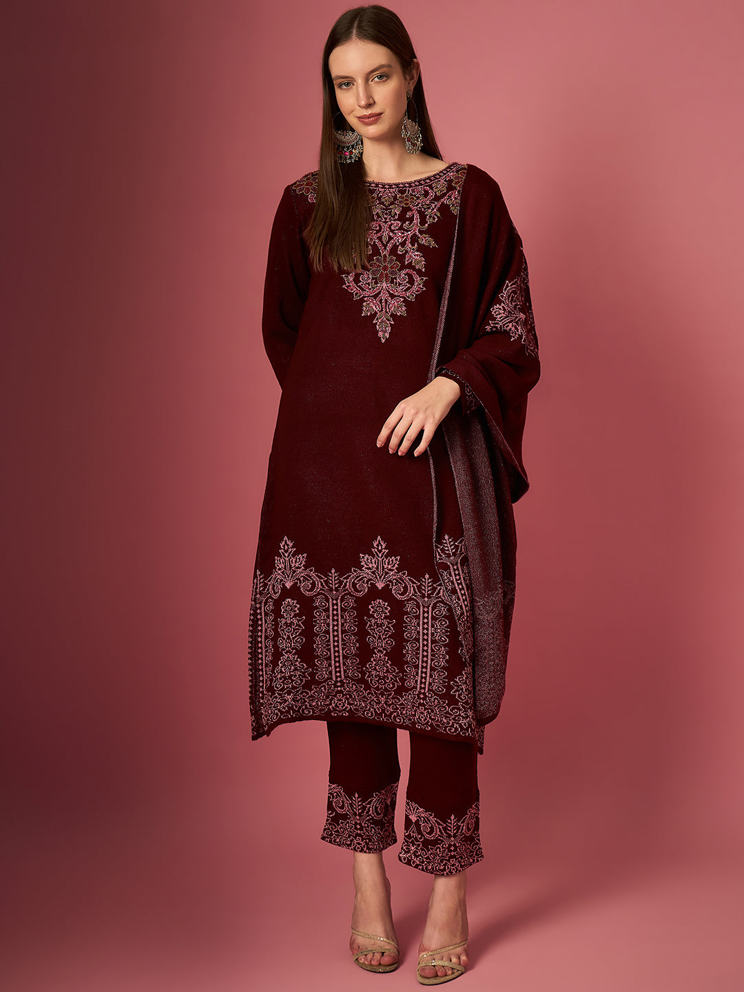 Clapton Embroidered Straight Kurta Pant With Dupatta Set Maroon