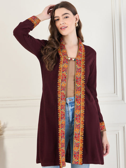 Women's Maroon Embroidered Sleeves, Floral Pattern, Winter Wear, Open Neck Shrug