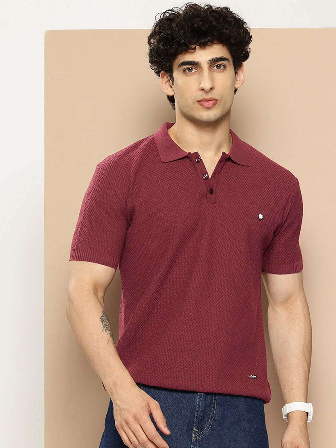 CLAPTON Men Knitted Textured Polo Collar T shirt Maroon