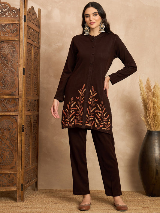 CLAPTON Women’s Wine Wool Blend Embroidered Kurti & Pant Set – 2 Piece Winter Wear