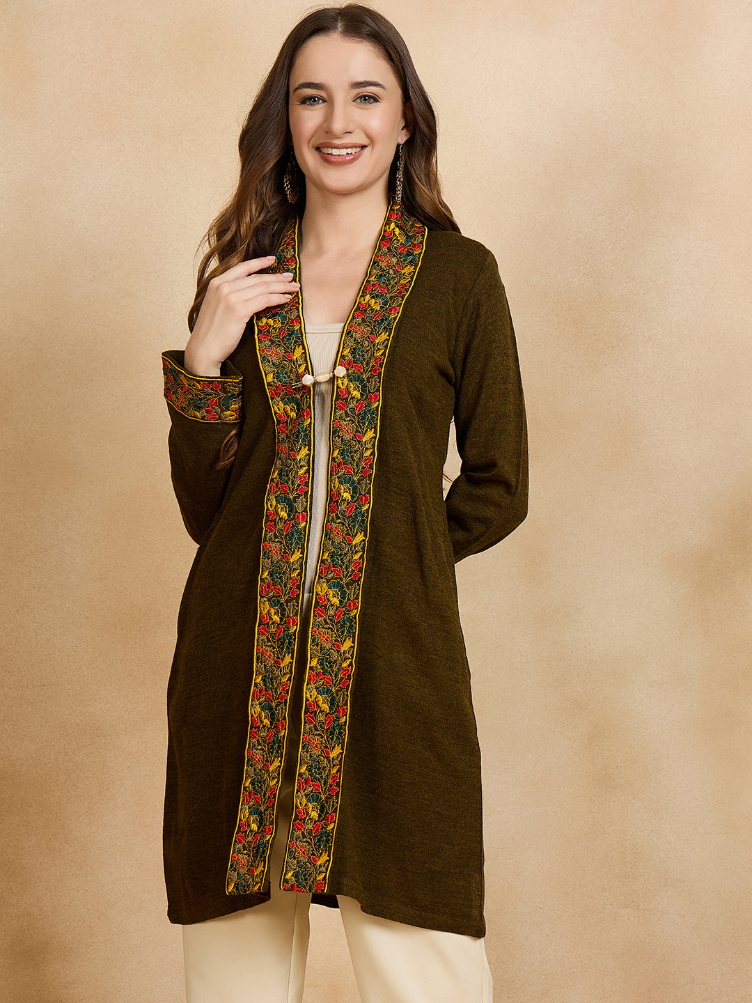 Women's Dark Green Embroidered Sleeves, Floral Pattern, Winter Wear, Open Neck Shrug