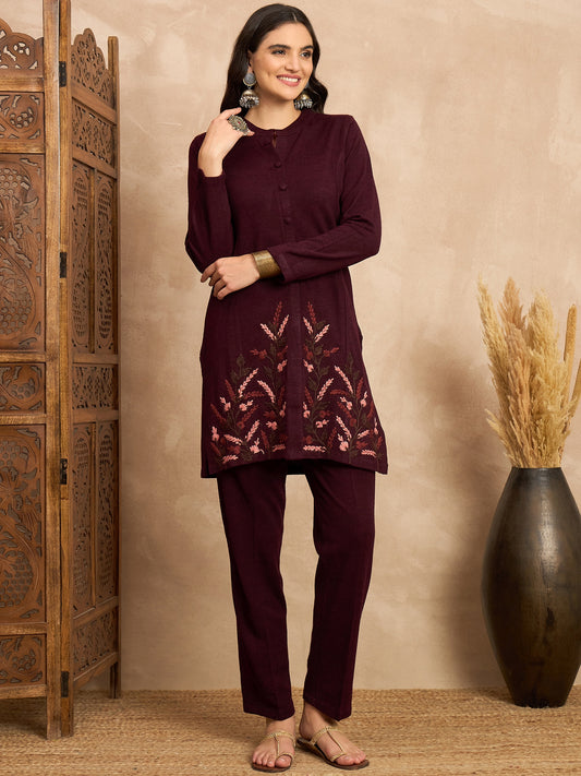 CLAPTON Women’s MAHROON Wool Blend Embroidered Kurti & Pant Set – 2 Piece Winter Wear