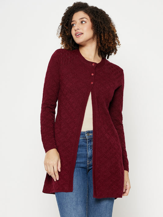 Wool Blend Round Neck Peach Long Shrug Maroon