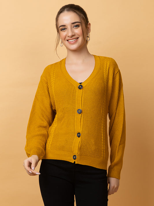 Clapton Women Mustard Self Knitted Cardigan