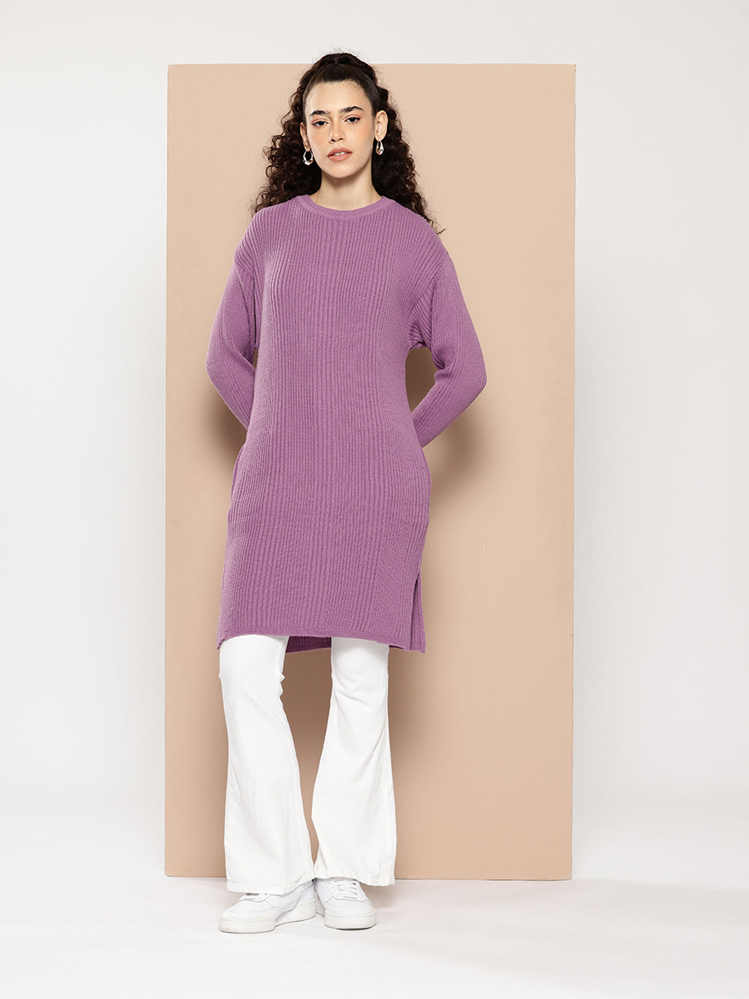 Women Knitted Long Tunic ,Button Down ,Winter Wear Women Color Purple