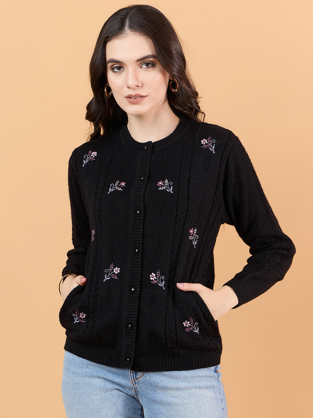 Clapton Floral Embroidered Full Sleeve Cardigan Sweaters for Women