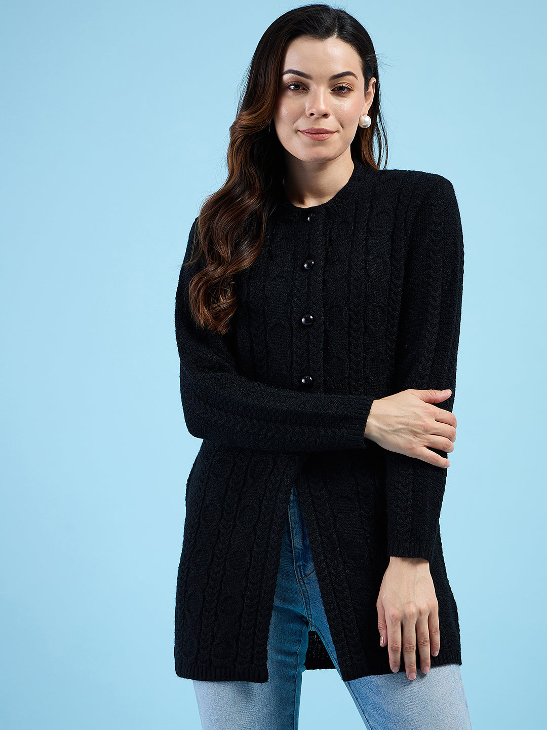 Clapton Cable Knit Design Woolen Longline Cardigan Sweater for women a