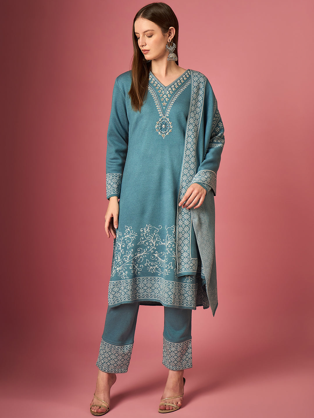 Clapton Embroidered Straight Kurta Pant With Dupatta Set Sky