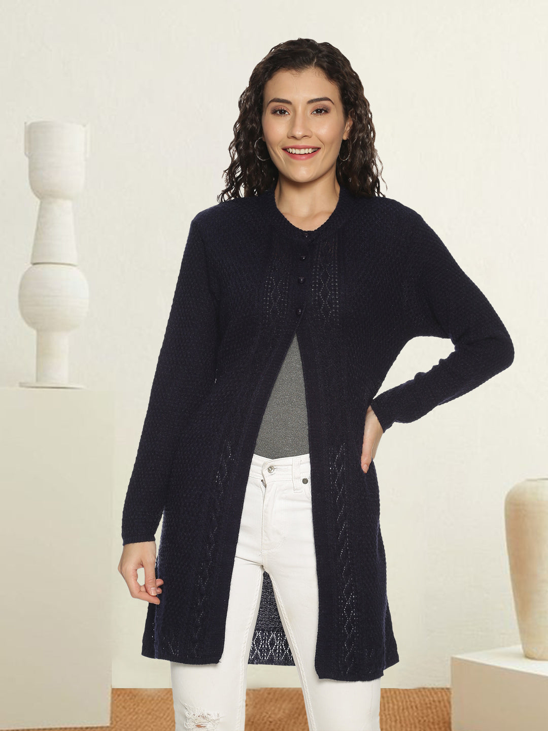 Wool Blend Round Neck Navy Blue Long Shrug