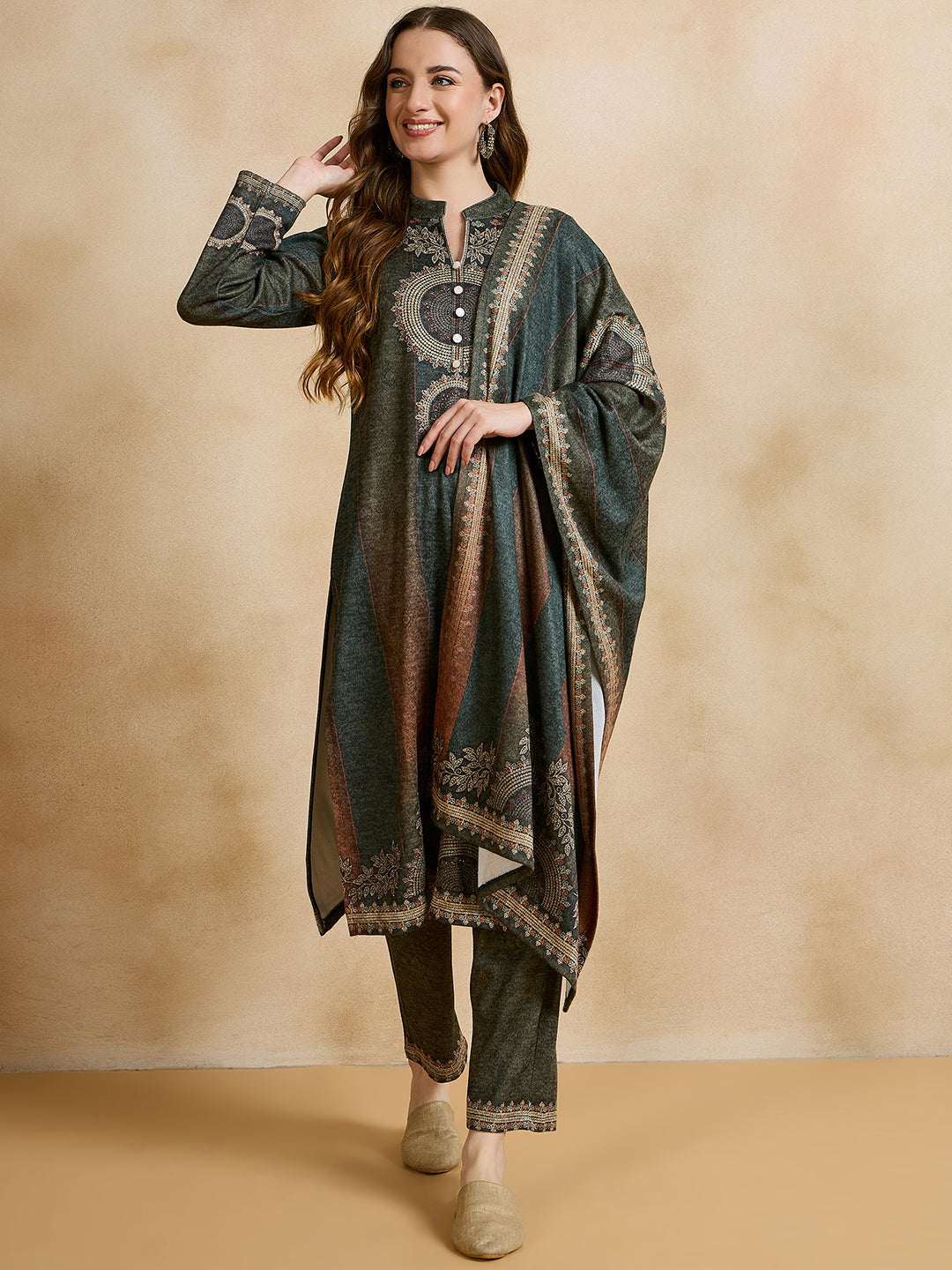 Clapton Printed Work Straight Kurta Pant With Dupatta Set Green