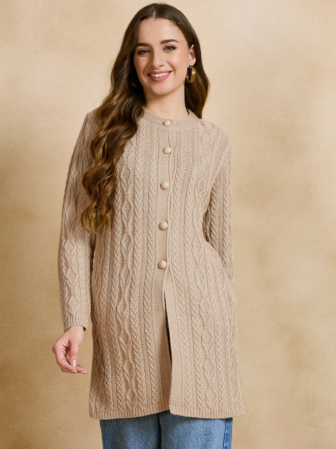 Clapton Cable Knit Design Woolen Longline Cardigan Sweater for women and Girls BEIGE