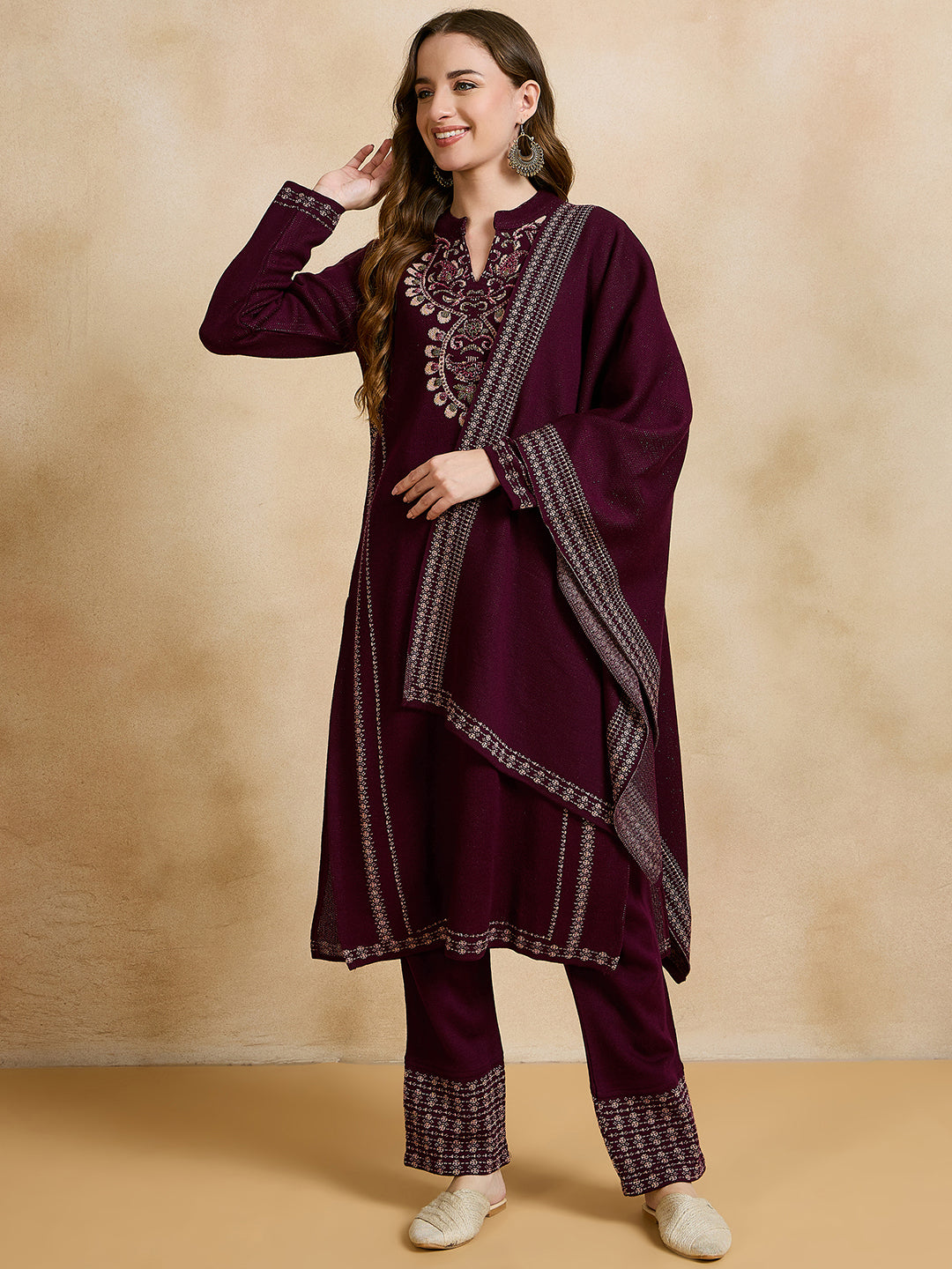 Clapton Embroidered Straight Kurta Pant With Dupatta Set Maroon