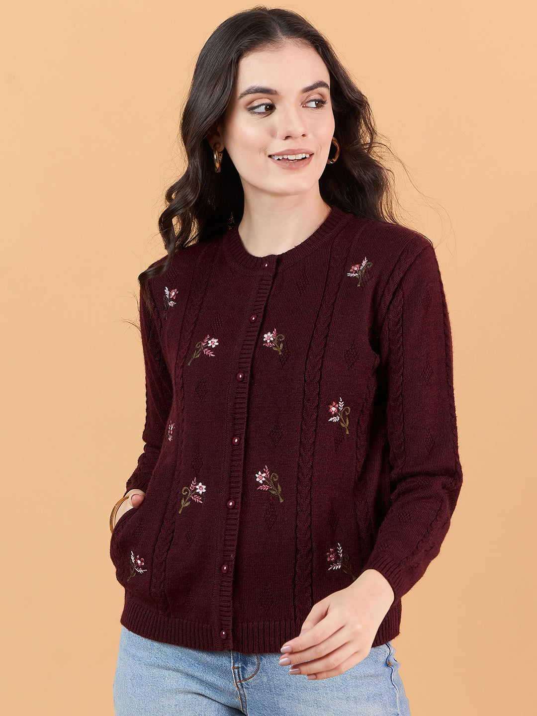 Clapton Floral Embroidered Full Sleeve Cardigan Sweaters for Women Girls Maroon
