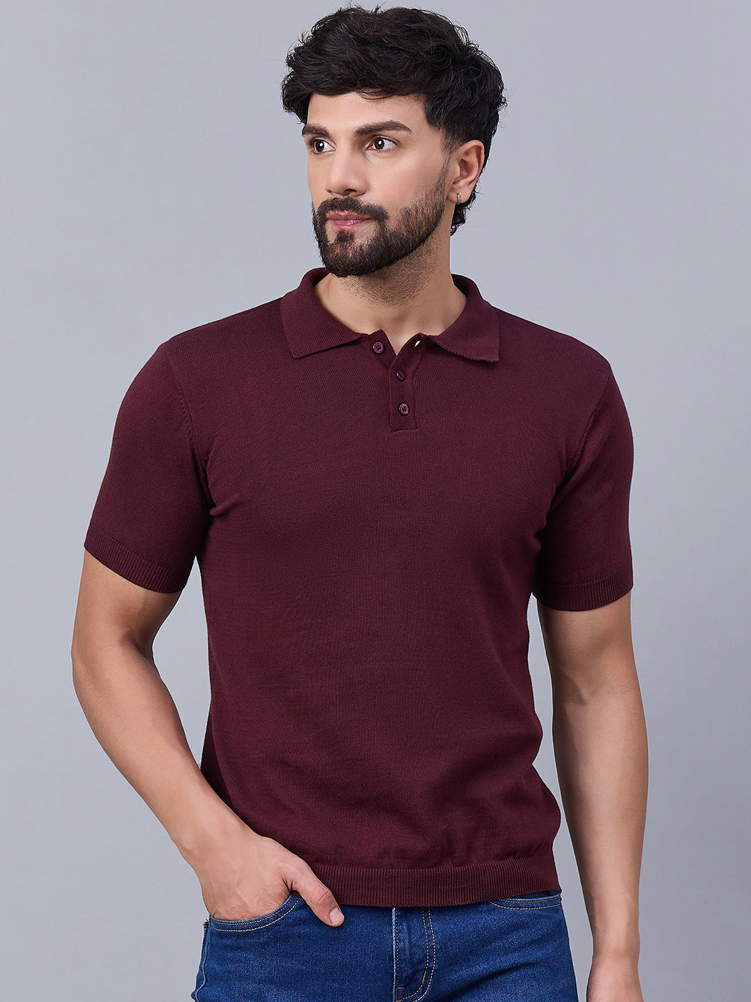 Men's Maroon Knitted Polo T-shirt