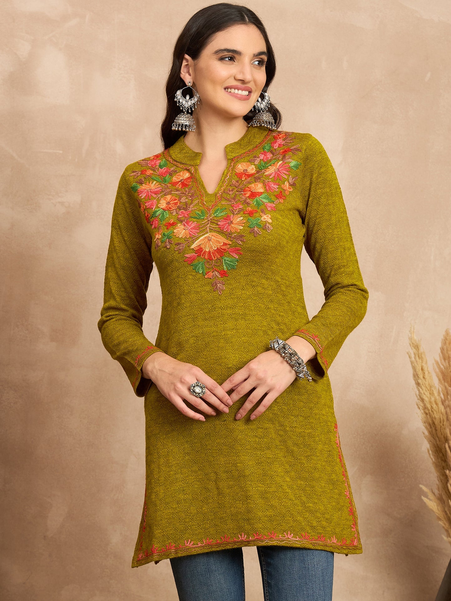 Women Multicolor Embroidered woolen Blend Kurta Gold Winter Wear