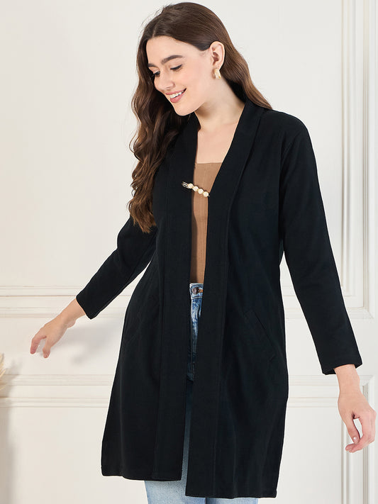 Women's Black open neck long Sleeves, Knitted Winter Wear Shrug