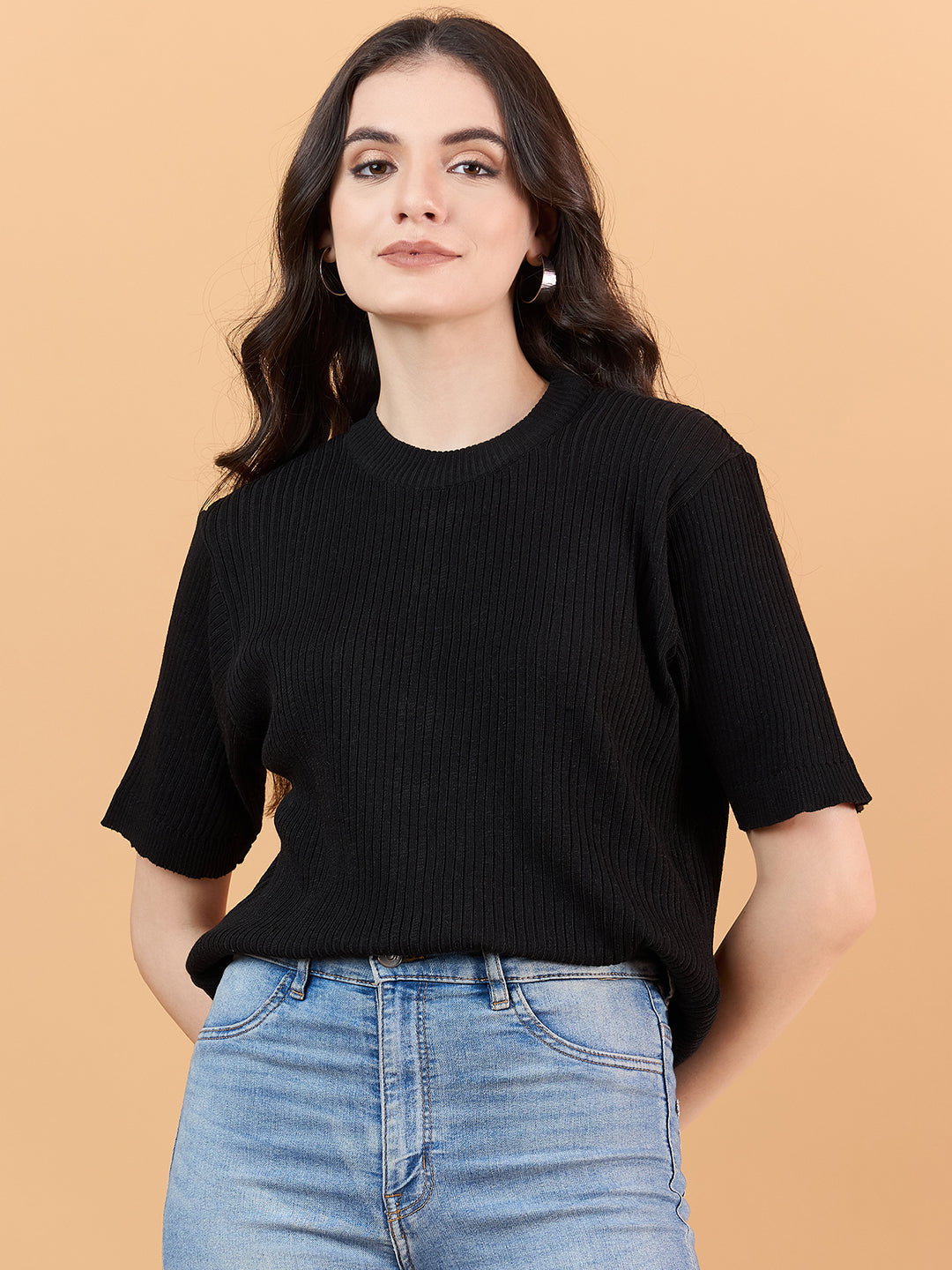 Ladies Short Sleeve Knitted cotton T Shirt solid Color Black