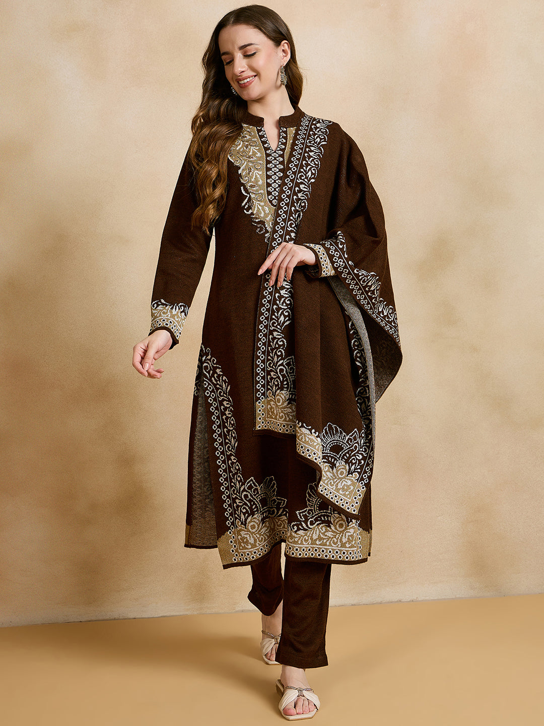 Clapton Embroidered Straight Kurta Pant With Dupatta Set Brown