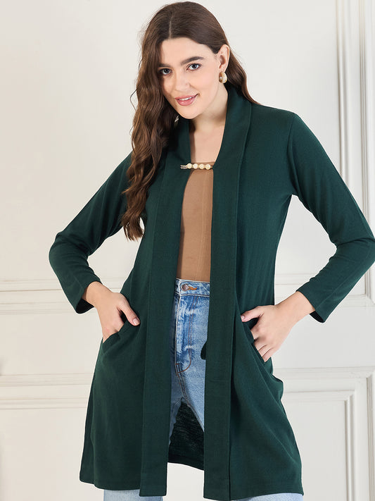 Women's Green open neck long Sleeves, Knitted Winter Wear Shrug
