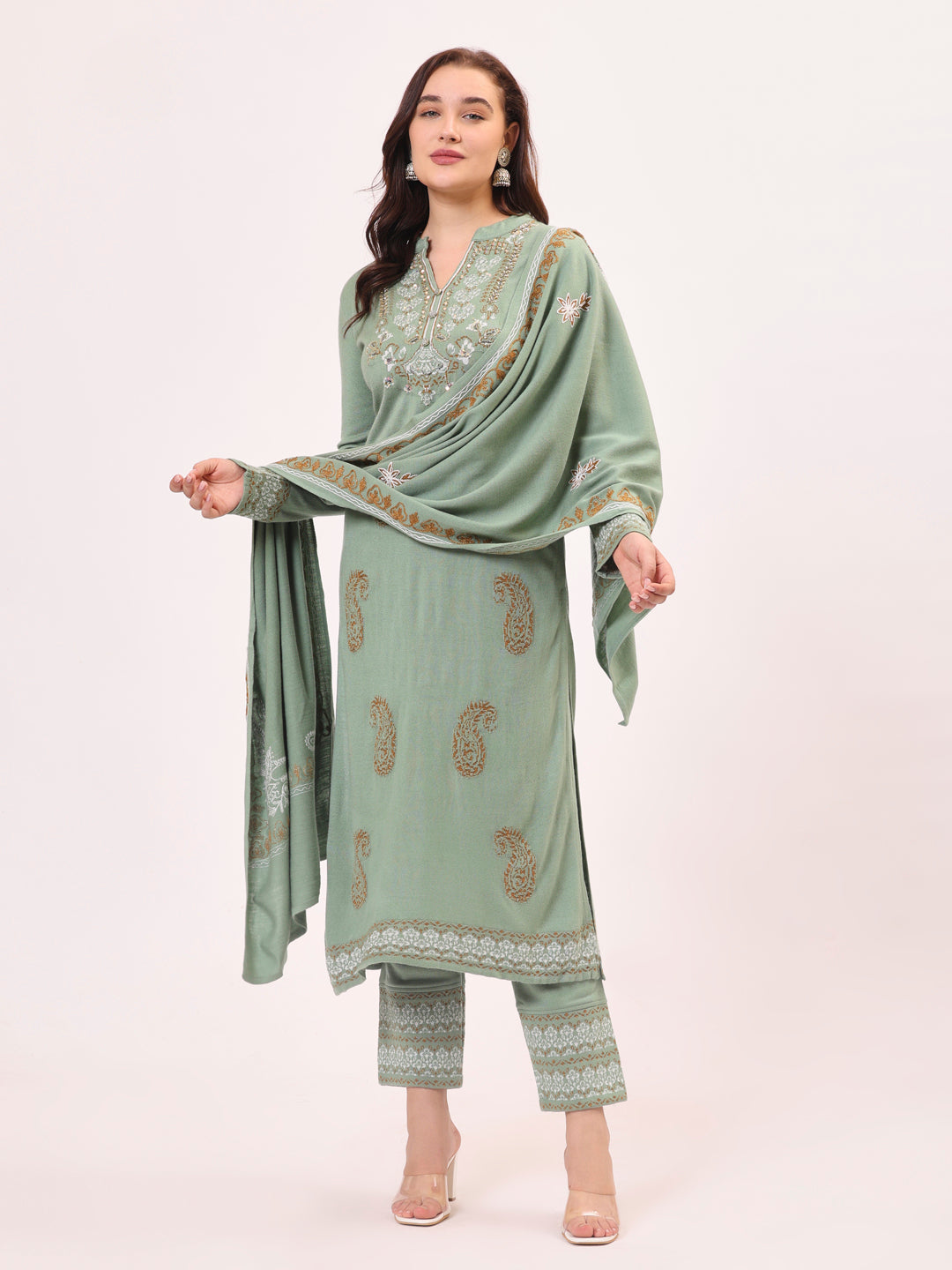 Clapton Pure Wool Winter Wear Embroidered Straight Kurta Pant With Dupatta Set Pista