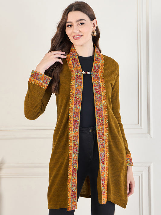 Women's Gold Embroidered Sleeves, Floral Pattern, Winter Wear, Open Neck Shrug