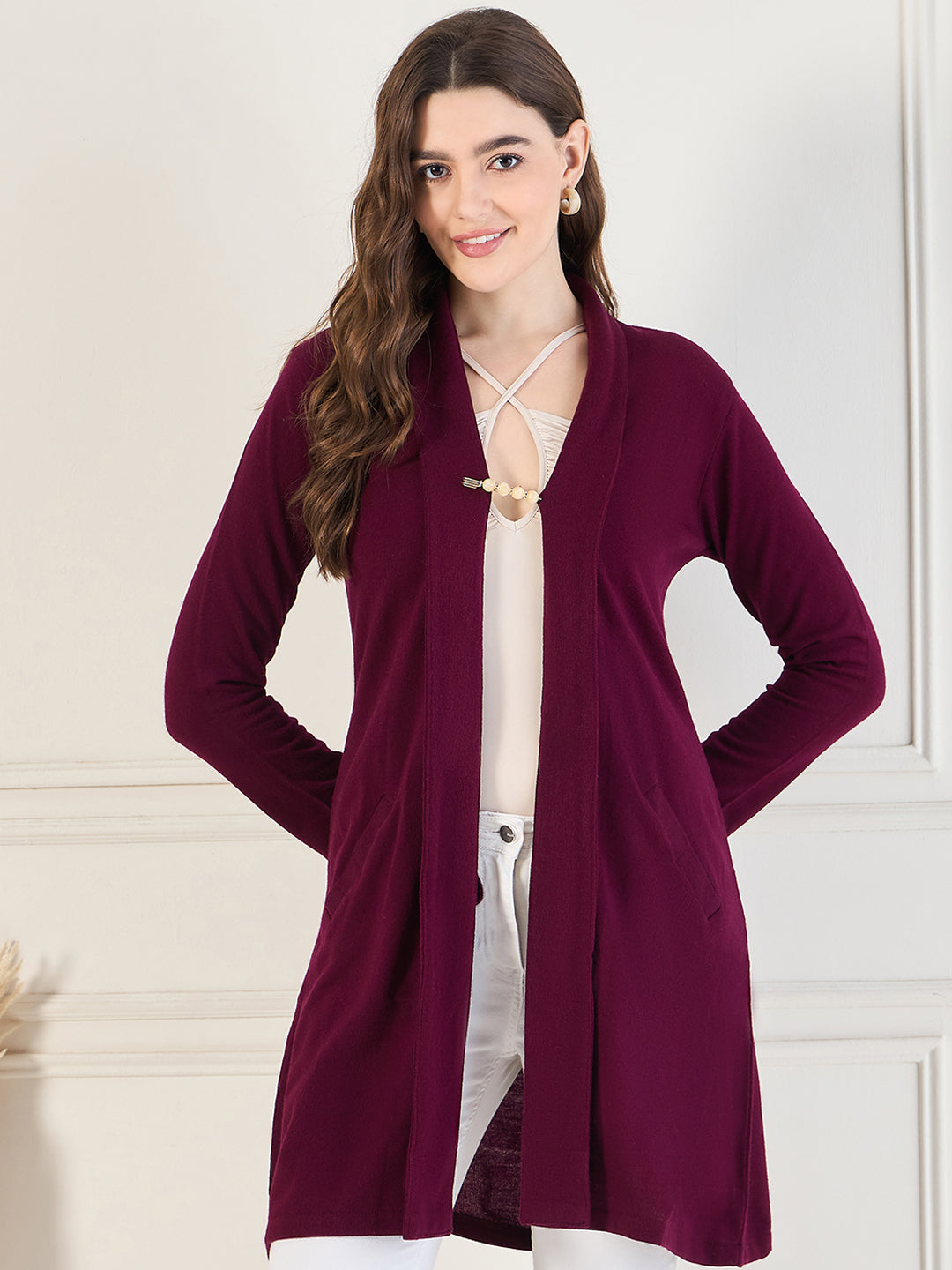 Women's Mahroon open neck long Sleeves, Knitted Winter Wear Shrug