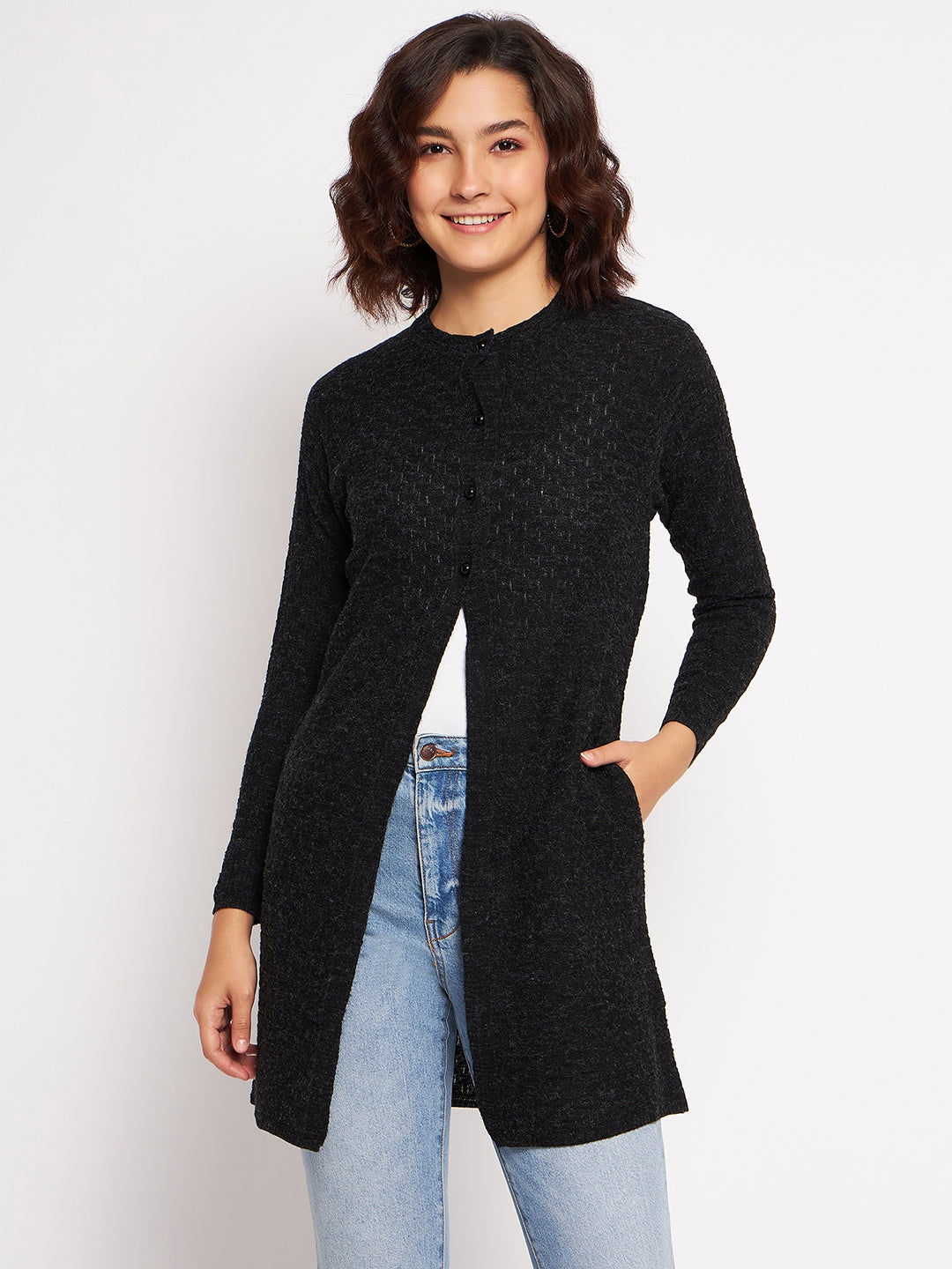 Wool Blend Round Neck Black Long Shrug