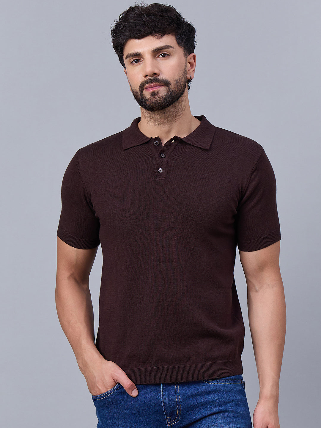Men's Wine Knitted Polo T-shirt