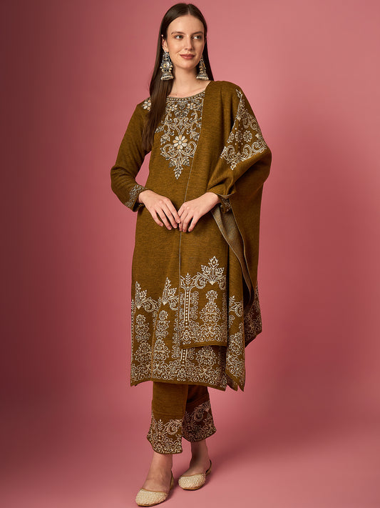 Clapton Embroidered Straight Kurta Pant With Dupatta Set Mustard Gold