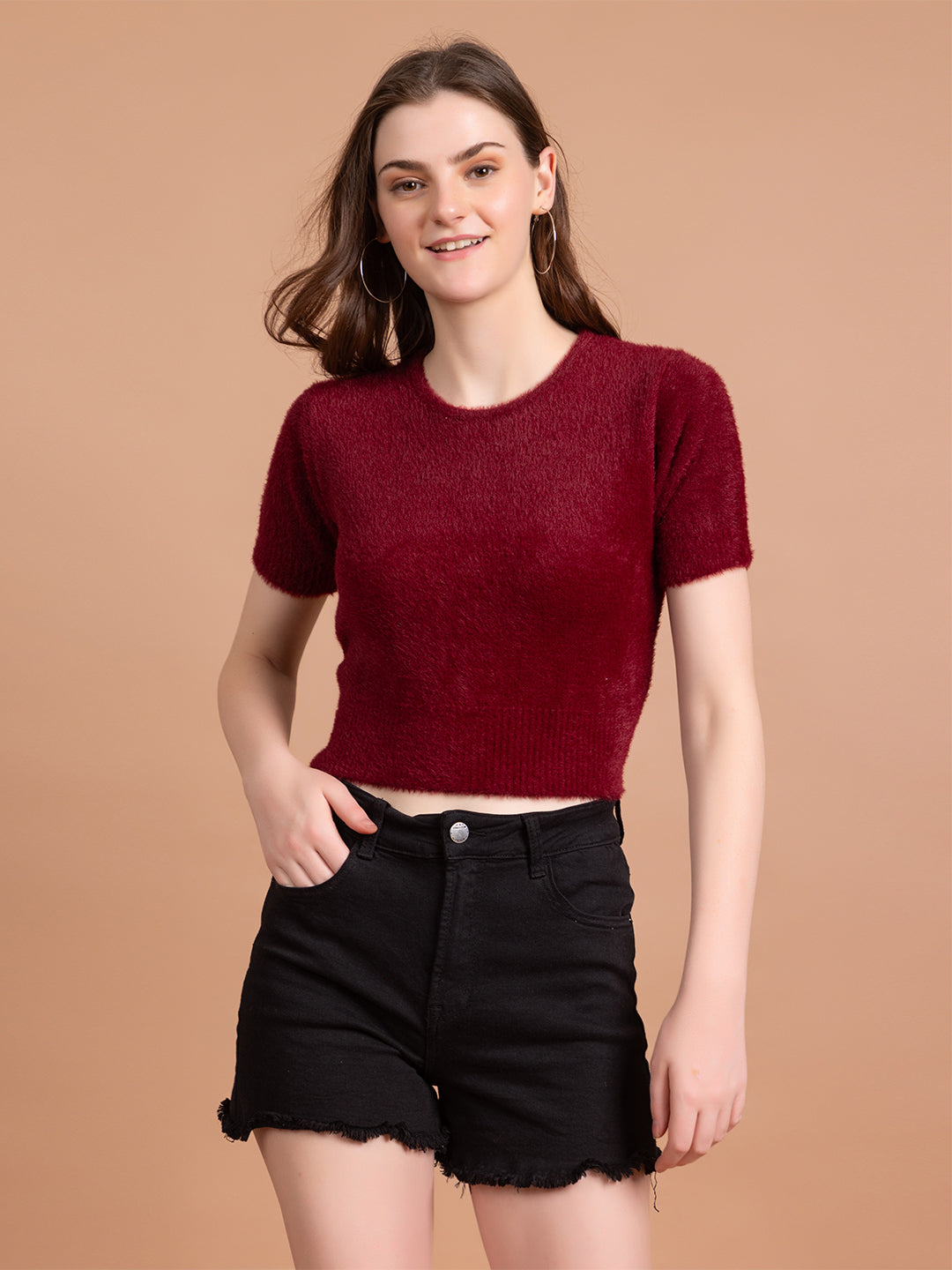 Clapton Short-Sleeve Fuzzy Knit Crop Top Pullover Blouse Top for Women Girls Maroon