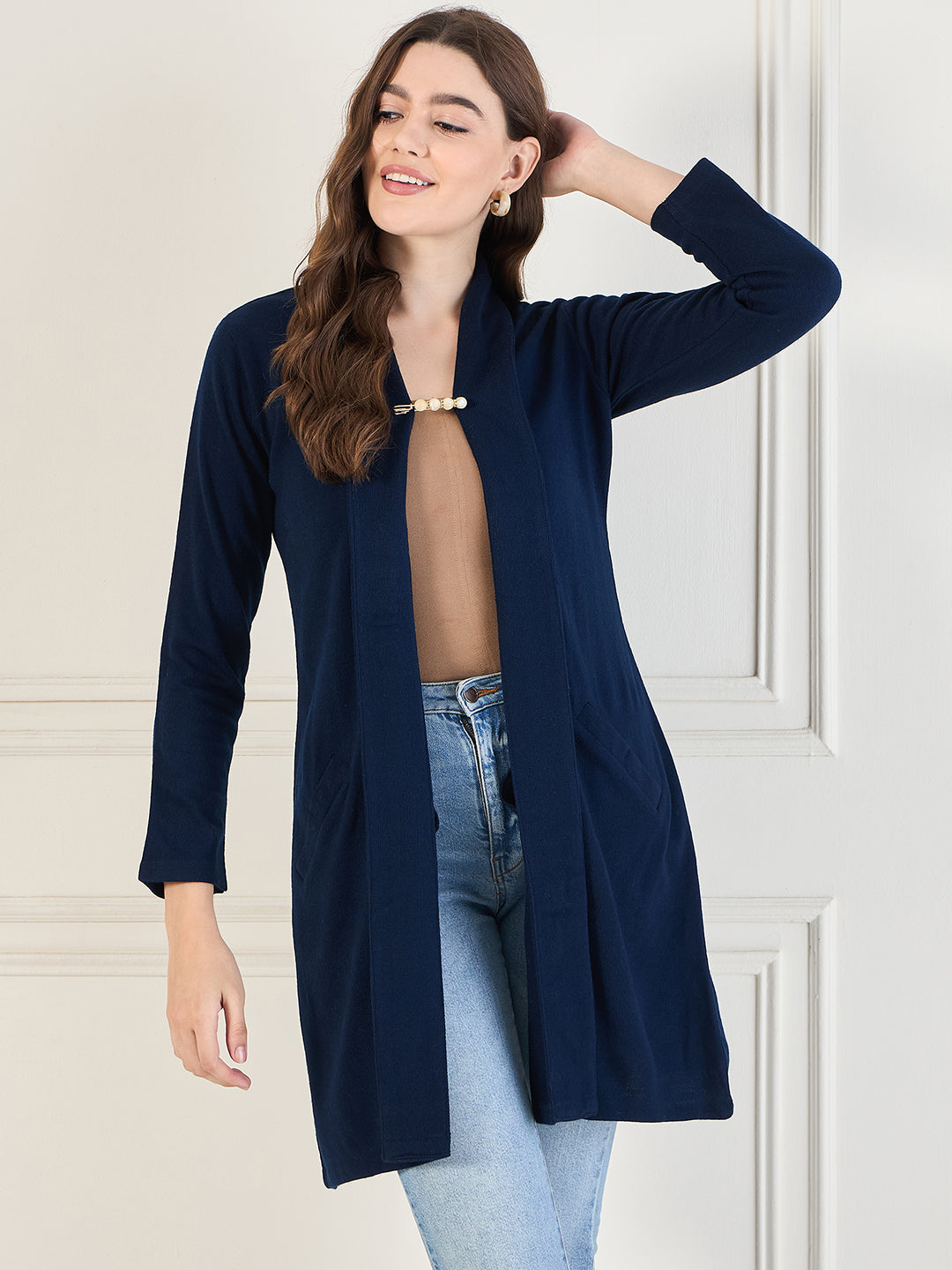 Women's Navy Blue open neck long Sleeves, Knitted Winter Wear Shrug