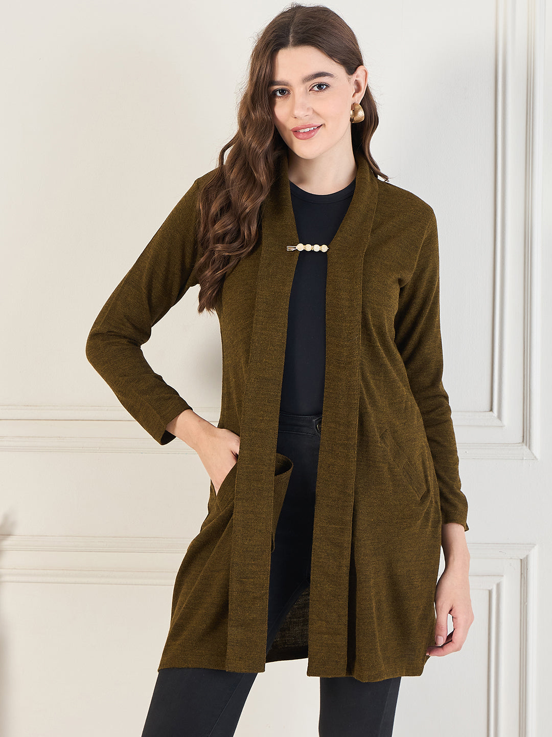 Women's Mehndi open neck long Sleeves, Knitted Winter Wear Shrug