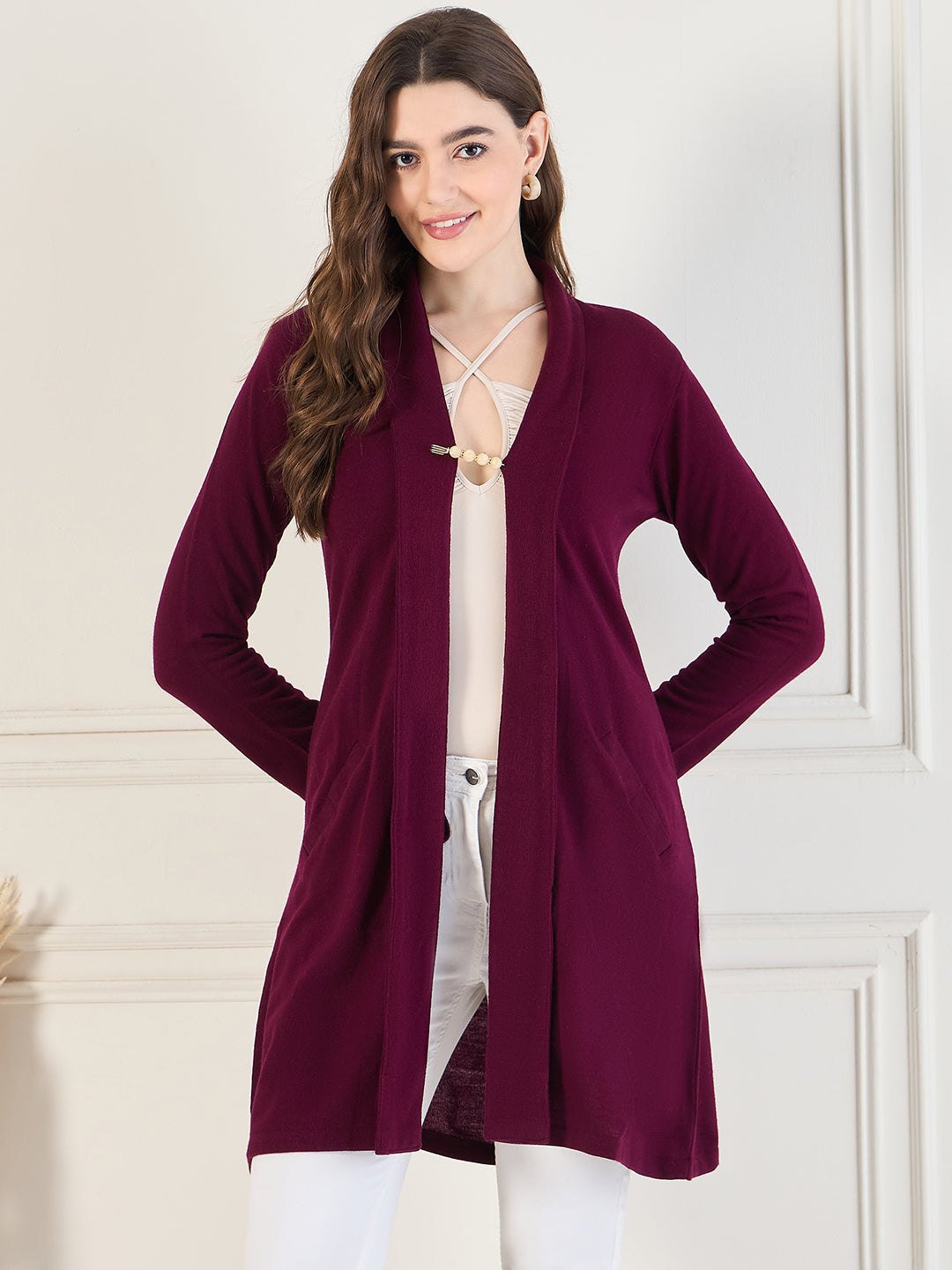 Women's Mahroon open neck long Sleeves, Knitted Winter Wear Shrug