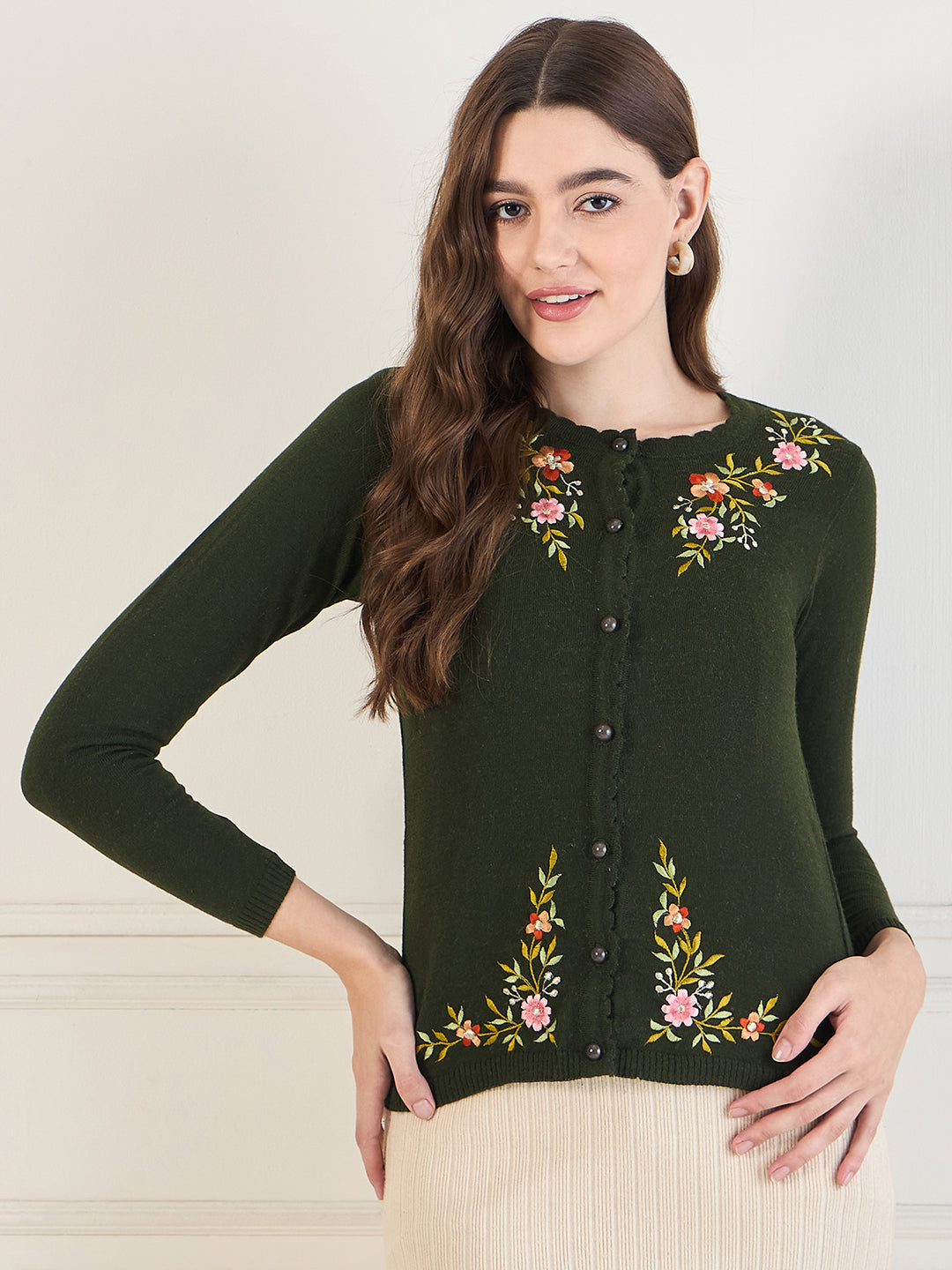 Embroidered Long Sleeves Pure Wool Cardigan Sweater Green