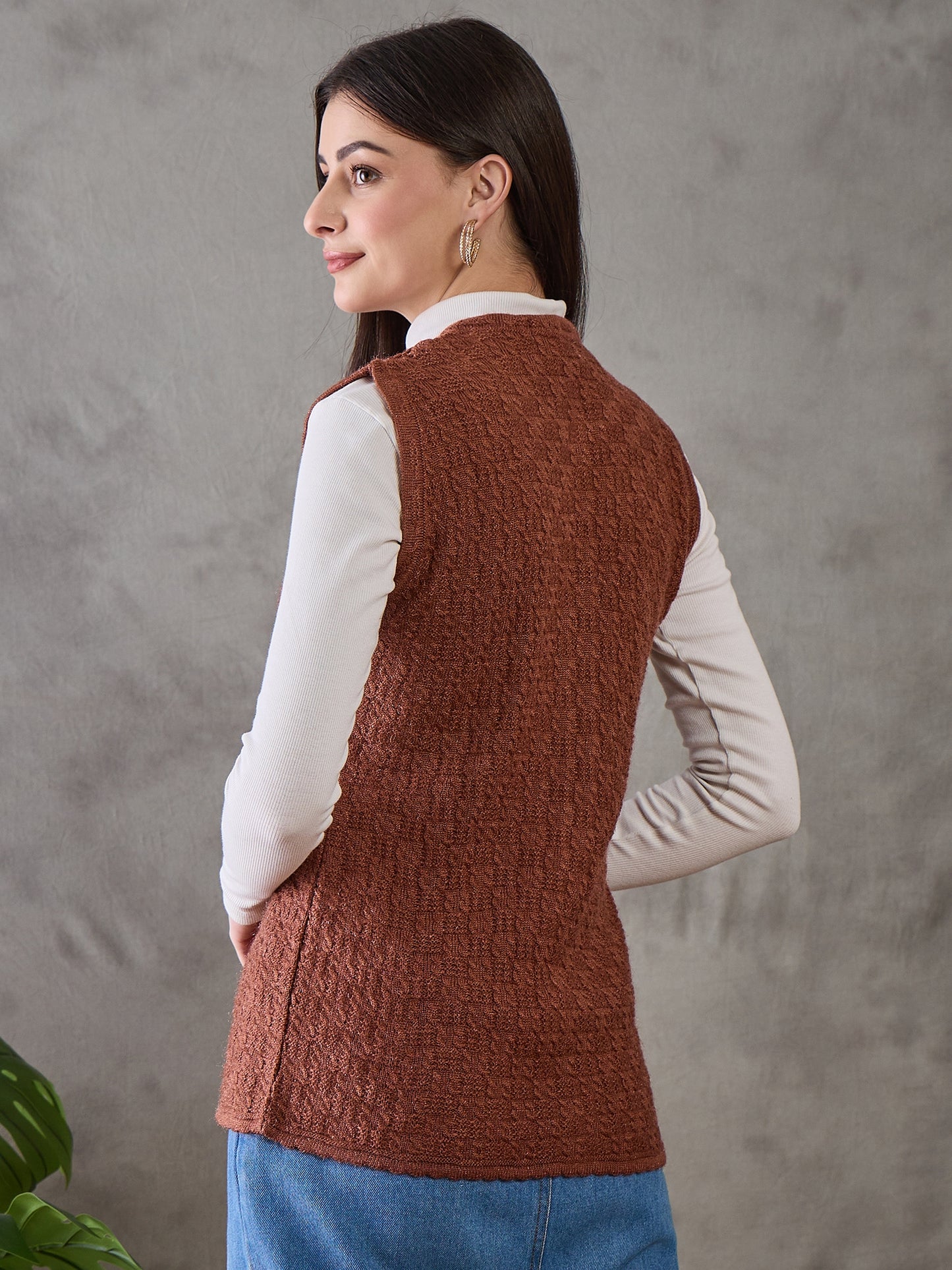 Clapton Women’s Woolen Sleeveless Sweater with Floral Embroidery Brown
