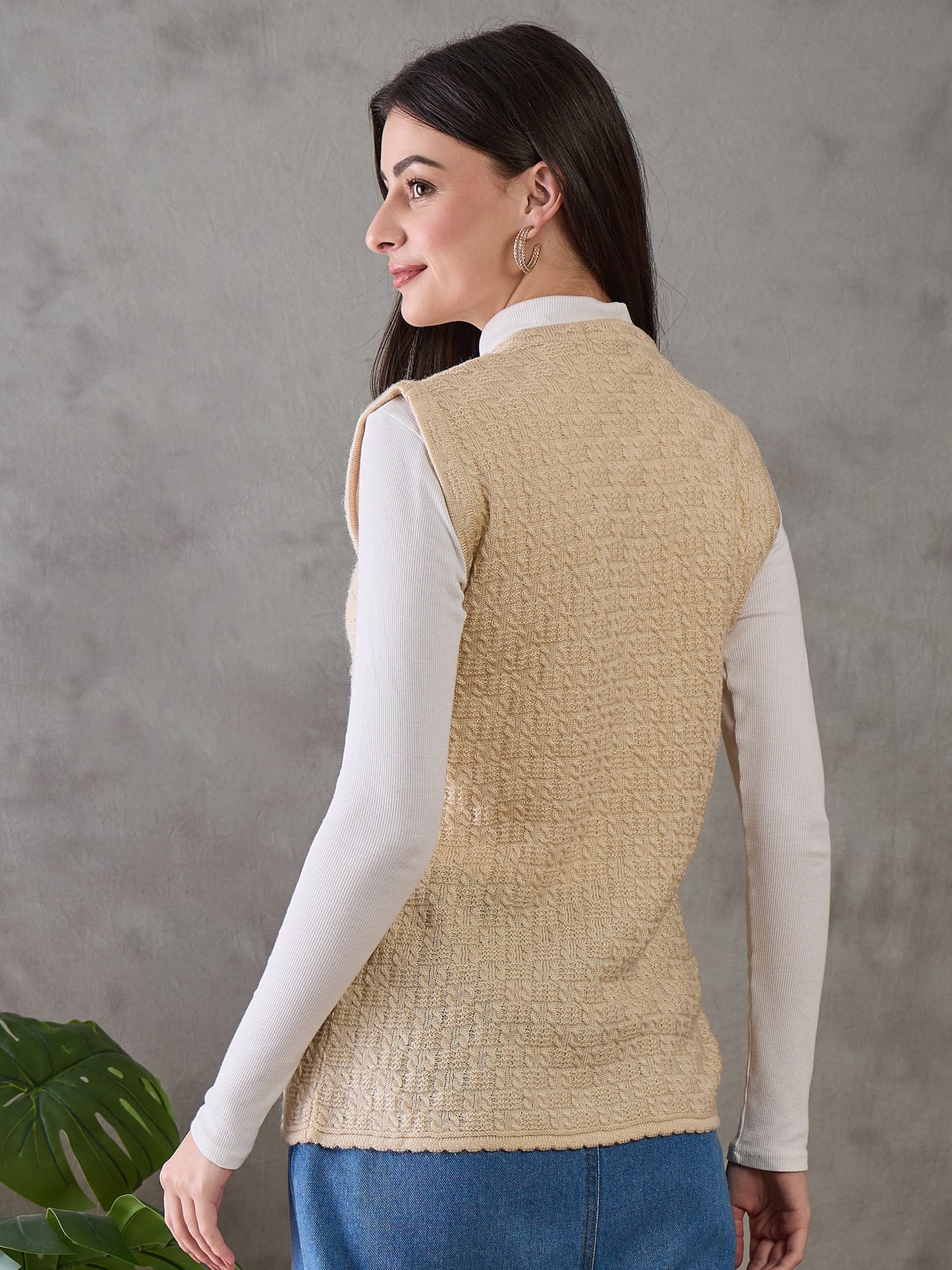 Clapton Women’s Woolen Sleeveless Sweater with Floral Embroidery Camel