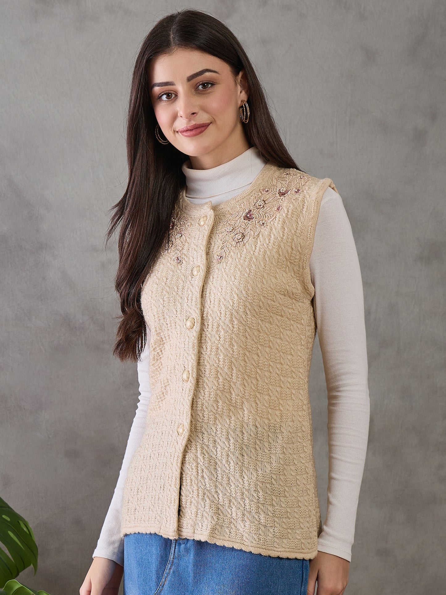 Clapton Women’s Woolen Sleeveless Sweater with Floral Embroidery Camel