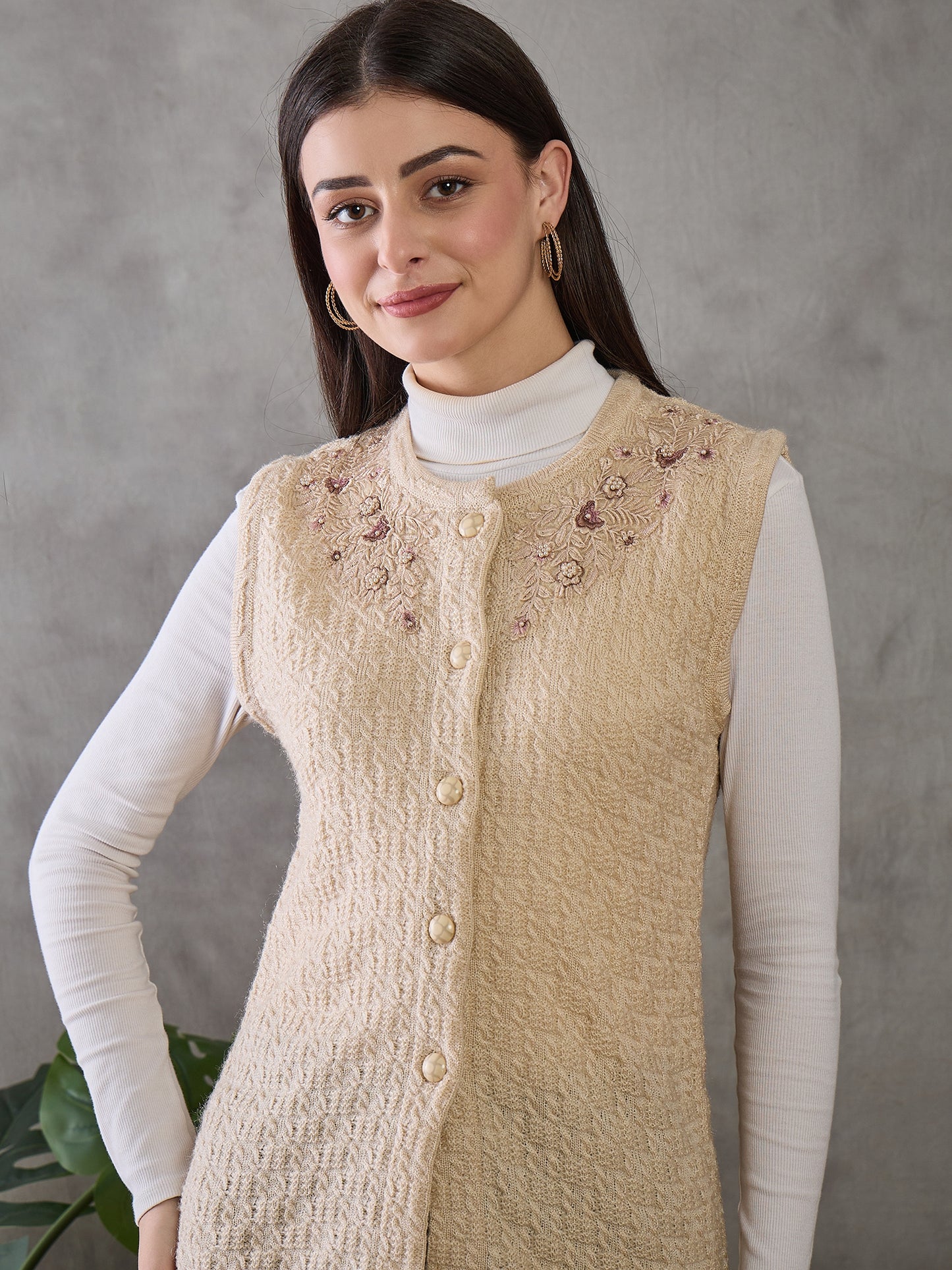 Clapton Women’s Woolen Sleeveless Sweater with Floral Embroidery Camel