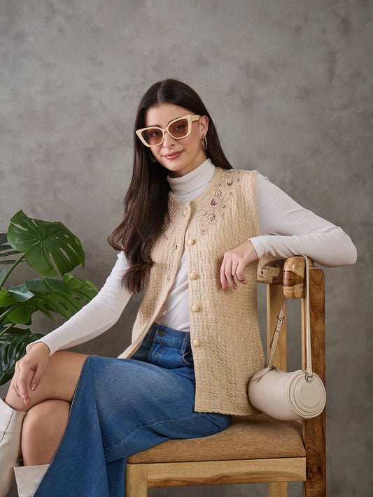 Clapton Women’s Woolen Sleeveless Sweater with Floral Embroidery Camel